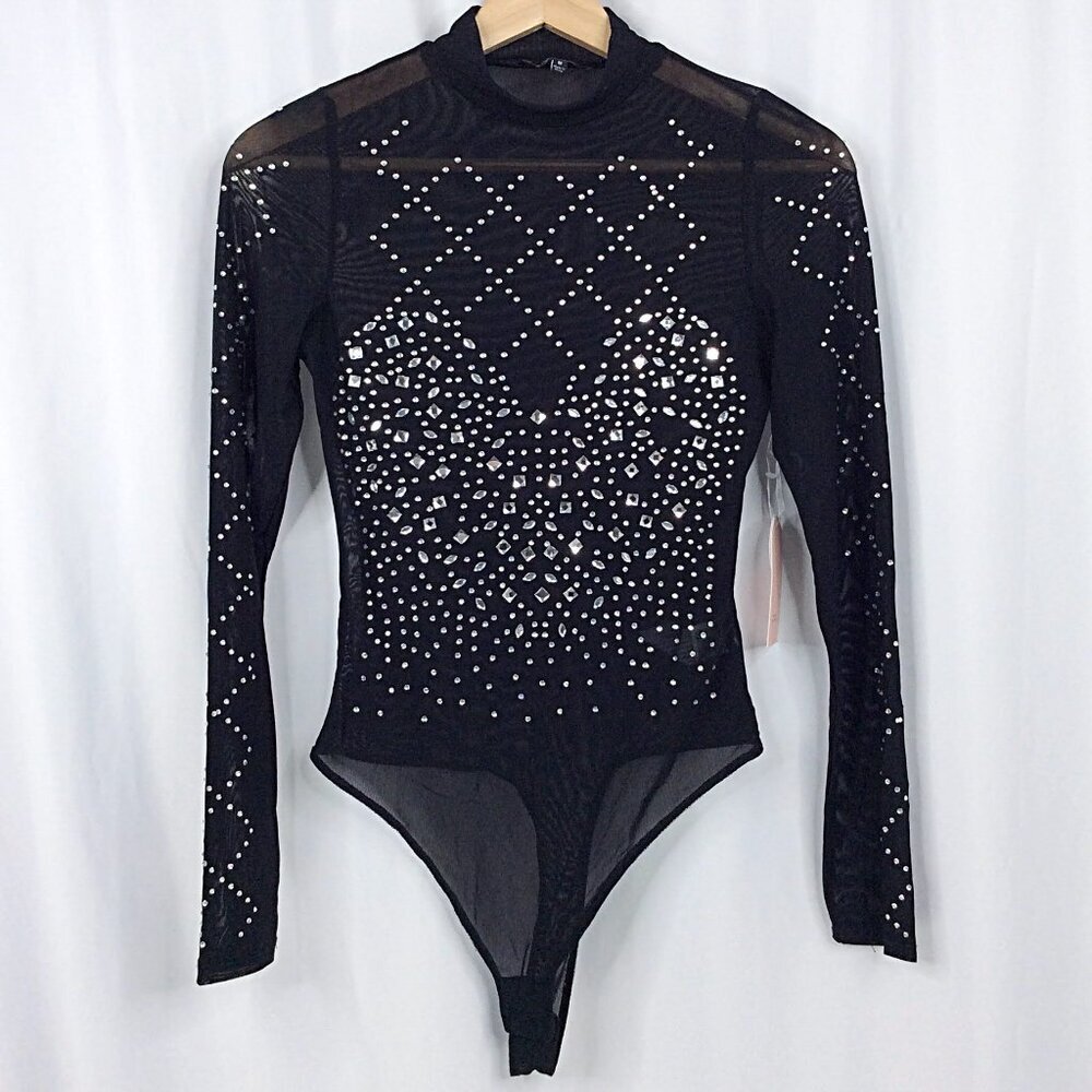 NWT Blashe Bodysuit Womens Size Medium Black Sheer Rhinestones Unitard‎ Thong